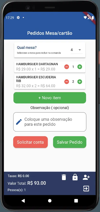 Tela do app MasterFoods com os itens do pedido de uma mesa