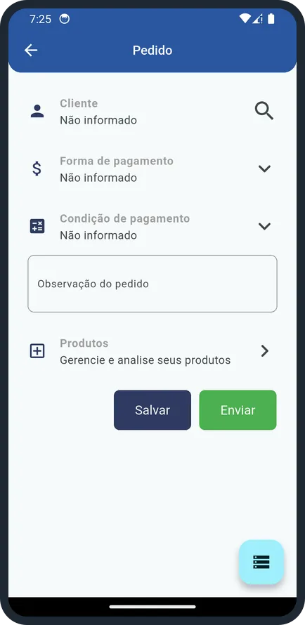 Tela do app i3 Vendas com um novo pedido: cliente, forma e condição de pagamento