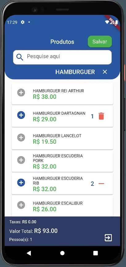 Tela do app MasterFoods com a lista de produtos do cardápio